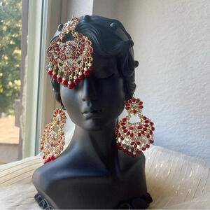 3 piece set earrings and tikka costume jewelry Pakistani Indian Bollywood Style